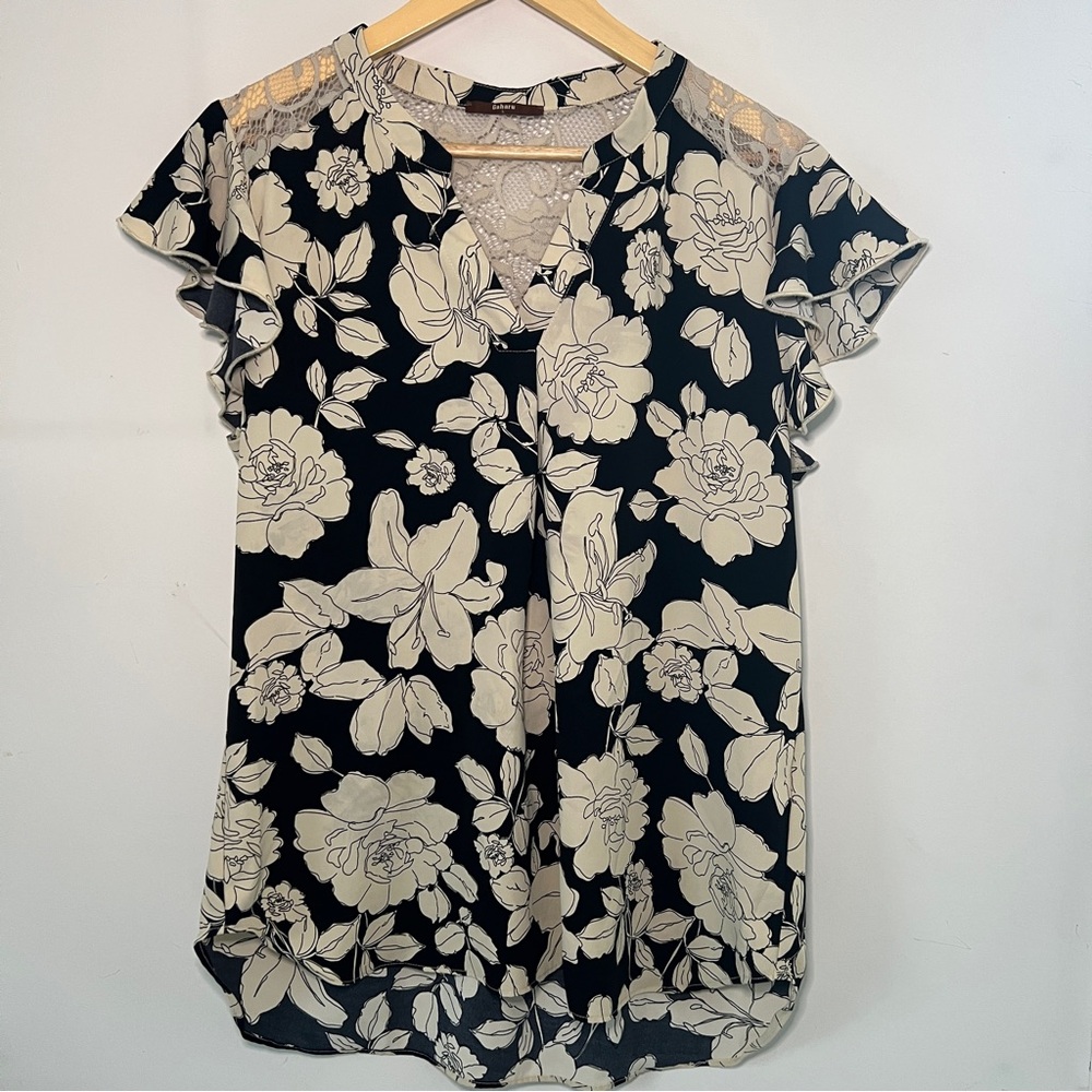 Ruffled Black and Cream Blouse with Floral Design
